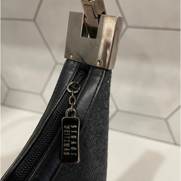 Stuart Weitzman Vintage Shoulder Bag Purse Black Leather and Grey Wool - Picture 4 of 8